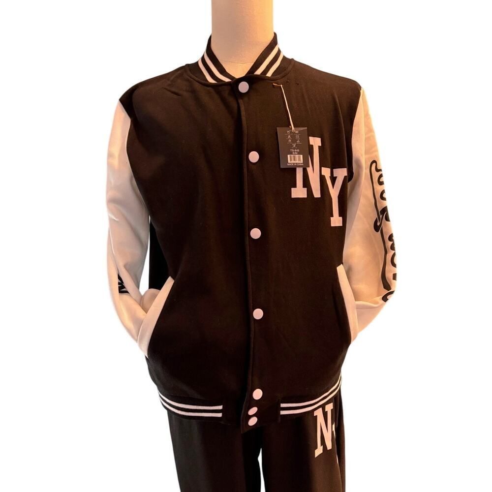 New York Baseball Style Track Suit Joggers Snap Jacket Pockets Stretch Knit S/M